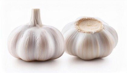 Two whole garlic bulbs, one showing the top, isolated on a white background.  Fresh, healthy, and ready to use in your favorite recipes.