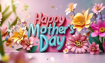 Wall Mural - A colorful sign that says Happy Mother's Day. The sign is surrounded by flowers and has a pink background