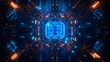 © zooo - Digital circuit board focuses on blue glowing microchip with radiating electronic pathways and circuit lines, featuring technological elements in dark blue background with symmetrical PCB design