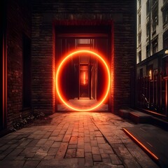 Wall Mural - A glowing orange circle framed by brick walls, creating a surreal urban passageway.