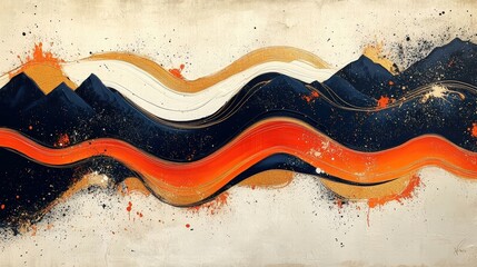 Poster - Abstract Painting of Mountains with Golden Lines and Waves Featuring Vibrant Colors and Textures for Artistic Inspiration