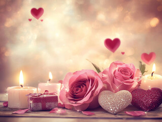 Romantic candlelit setup with roses and hearts for valentine's day celebration cozy indoor ambiance soft focus love and affection concept