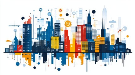 Poster - Stylized cityscape with vibrant buildings and abstract icons reflecting in water