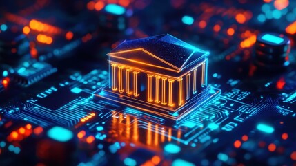 Poster - Digital bank building hologram on glowing circuit board with vibrant colors and intricate details in a futuristic technological setting