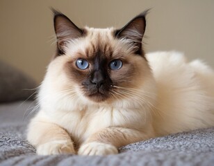 A close-up portrait of a Ragdoll cat with blue eyes and a fluffy, cream-colored coat. A Siamese cat with blue eyes lying on a gray surface