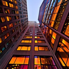 Wall Mural - A view of modern buildings reflecting vibrant colors during sunset.