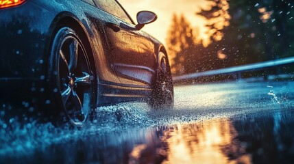 Poster - the most realistic portrait of a car in wet conditions capturing reflections and water splashes at d