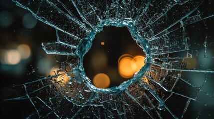 Poster - broken glass fragment on dark background reflecting colorful lights in a blurred environment