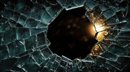 Poster - close-up of broken glass fragments with dark background and subtle light reflection creating an abst