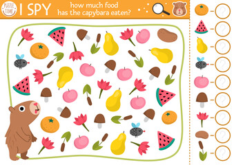 Wall Mural - Capybara I spy game for kids. Searching and counting activity with cute animal and food he has eaten. Capibara printable worksheet for preschool children. Simple spotting puzzle