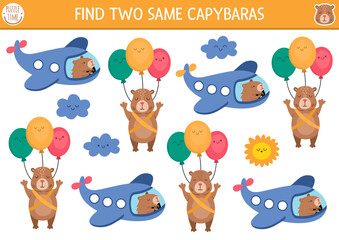 Wall Mural - Find two same capybaras. Capibara matching activity for children. Educational quiz worksheet for kids for attention skills. Simple printable game with animals flying on plane and balloons