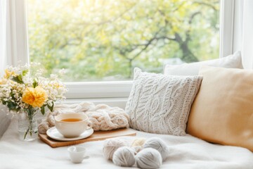 Poster - A cozy knitting corner by a large window, with natural light, soft cushions, organized yarns, and a cup of tea