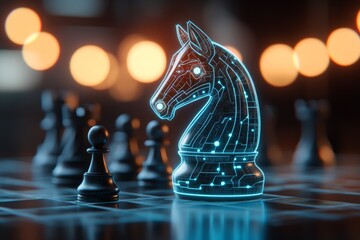 Aufkleber - A cyberpunk-inspired chess knight, glowing with electric blue neon patterns, set against a digital cityscape