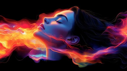 Wall Mural - Woman's face, fiery energy, dark background,  meditation, spiritual art.