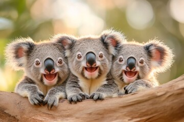 Poster - A family of koalas nestled together on a large tree, with soft light filtering through the surrounding leaves