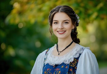 Wall Mural - portrait of a smiling young woman in traditional Polish folk dress, with a white blouse and blue vest, and a white headband in her hair, set against an autumn background.