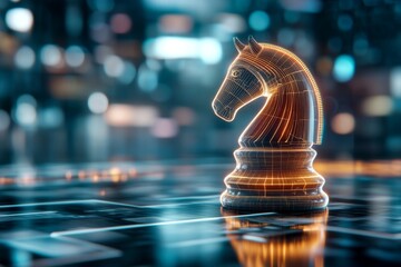 Poster - A futuristic chess knight glowing with neon lines, displayed on a holographic chessboard in a high-tech arena