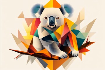 Fototapete - A geometric interpretation of a koala sitting on a branch, with bold lines and muted earthy colors