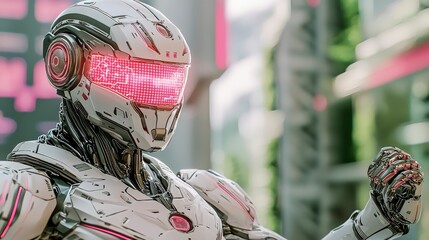 Poster - Futuristic Robot with Neon Lights in Cyberpunk Cityscape Showing Strength and Technology Advancements