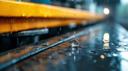 Poster - Close-Up of Water Droplet Falling on Metallic Surface with Blurred Background in Industrial Environment