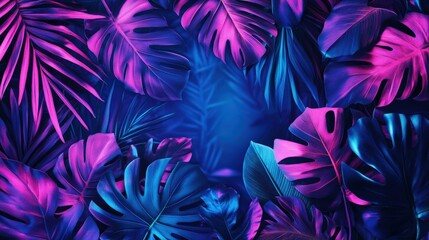 Poster - vibrant neon blue and purple tropical leaves with a dreamy atmosphere for depth and exotic feel