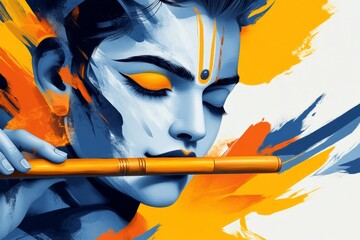 Poster - A pixel art depiction of Krishna playing his flute, with bright colors and blocky textures creating a nostalgic retro style