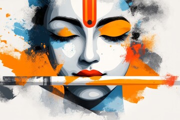 Poster - A pixel art depiction of Krishna playing his flute, with bright colors and blocky textures creating a nostalgic retro style