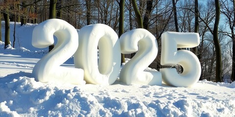 Wall Mural - snowy 2025 new year sculpture in winter forest