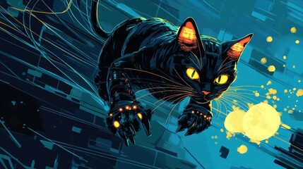 Poster - Futuristic Black Cat with Mechanical Paws in Motion