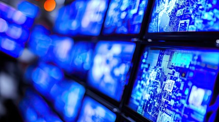 Aufkleber - Blurred blue screens display data and code hinting at complex systems monitoring cybersecurity or financial markets. Ideal for technology backgrounds.