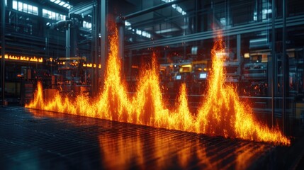 Aufkleber - A line of digital flames flickers behind a transparent barrier on a factory floor. Ideal for visualizing industrial processes or security systems.