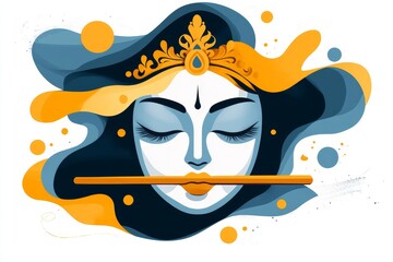Poster - A simple depiction of Krishna crown and flute, drawn in gold and blue tones against a clean white background