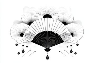 Poster - A simple graphic of a Korean fan (buchae) with traditional patterns, drawn on a plain white background