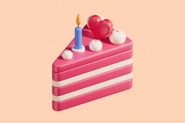 Poster - A 3D rendered image of a pink layered cake slice with a candle, heart, and white balls on top.