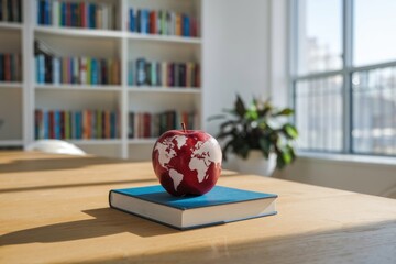 Poster - A red apple with a world map rests on a blue book, symbolizing global education and knowledge.