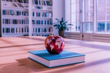 Poster - An apple with a world map rests on a book in a library, symbolizing global education and knowledge.