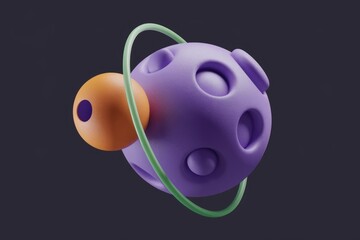 Aufkleber - Abstract 3D render of a purple sphere with craters orbited by a smaller orange sphere and a green ring.