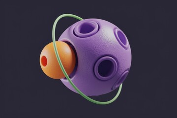 Fototapete - Abstract 3D render of a purple sphere with orange satellite and green ring, creating a futuristic planetary system.