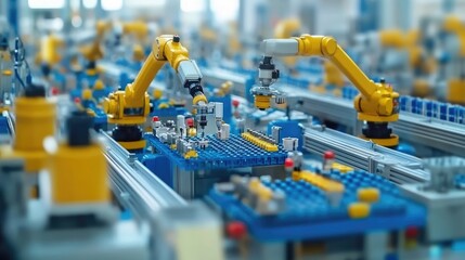 Poster - Robotic arms automate tasks on a production line. Ideal for demonstrating industrial automation, smart manufacturing, and Industry 4.0 concepts.