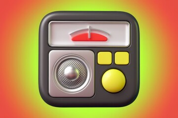 Poster - Retro-styled 3D render of a portable music player with a volume meter, buttons, and speaker.