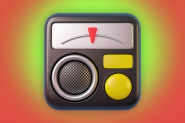 Poster - Retro-styled 3D render of a compact music player with a gauge, speaker, and buttons.