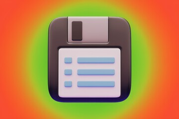 Fototapete - A 3D rendering of a retro floppy disk icon with a list, symbolizing data storage and organization.