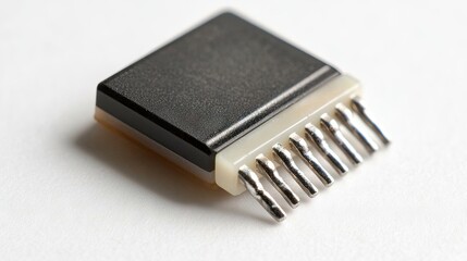 Poster - A small black integrated circuit chip with exposed metal connectors. Ideal for surface mount applications in electronic devices.