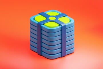 Fototapete - A stack of blue square blocks with a lime green top, secured with purple bands.  Represents data storage or packaging.