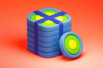 Fototapete - A stack of colorful, layered discs tied with a blue ribbon, possibly representing data storage or a gift.