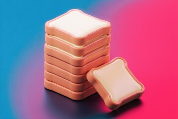Leinwandbilder - A stack of cartoonish bread slices with butter, playfully arranged against a vibrant pink and blue background.