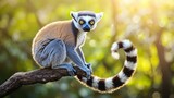 Ring-tailed lemur on branch, jungle background, wildlife, nature photography.