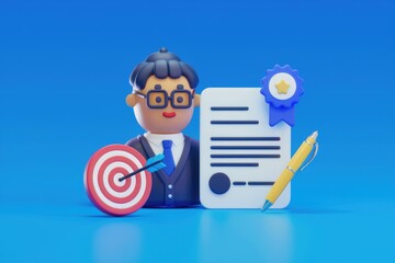 Poster - A 3D illustration of a businessman achieving his goals, represented by a certificate, target, and pen.