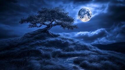 Wall Mural - Serene Nightscape: Lone Tree Under Full Moon