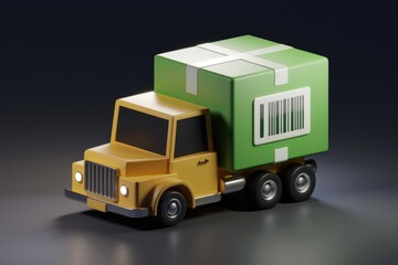 Poster - A yellow toy truck carries a large green gift box with a barcode, symbolizing delivery.